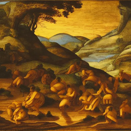 Image similar to Golden sun pouring honey into a golden river in a lush mountainous landscape. In the style of Michelangelo