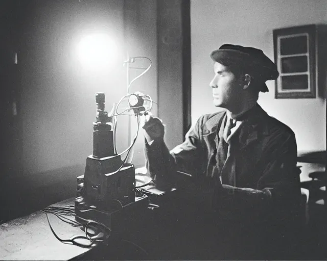 Image similar to a long shot, studio photographic portrait of a telegraph operator, dramatic backlighting, 1 9 9 3 photo from life magazine,