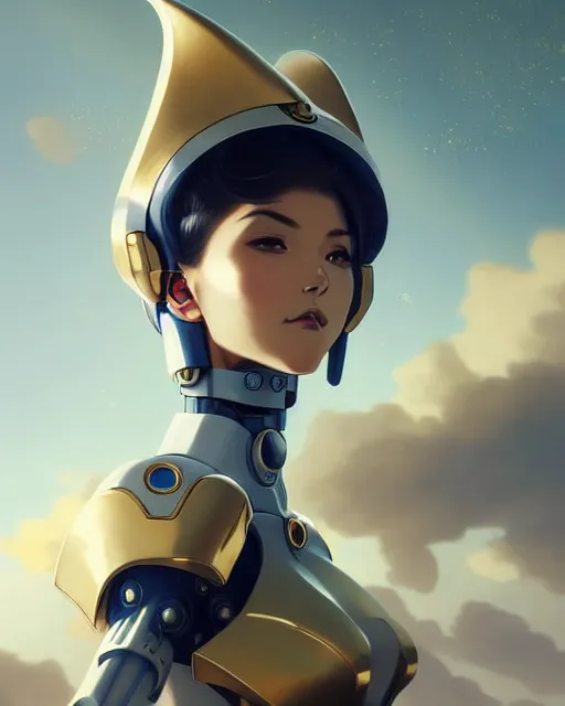 Prompt: beautiful delicate imaginative streamlined mecha anime elegant futuristic close up portrait of a pilot female sitting with elegant piercing deadly looks, armor with gold linings by ruan jia, tom bagshaw, alphonse mucha, futuristic buildings in the background, epic sky, vray render, artstation, deviantart, pinterest, 5 0 0 px models