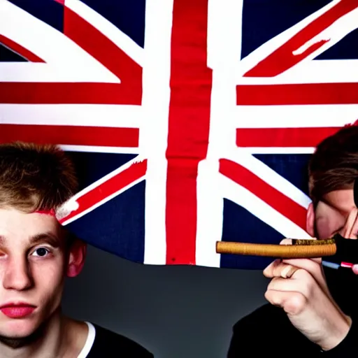 Prompt: mid-shot portrait photograph of two male British chav youths holding knives and smoking in front of the Union Jack, high quality