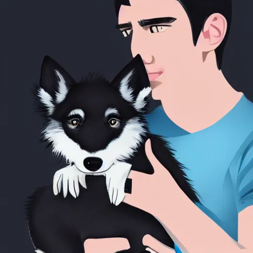 Prompt: drawing of young man with pale skin and dark hair holding a tiny cute black wolf puppy artstation