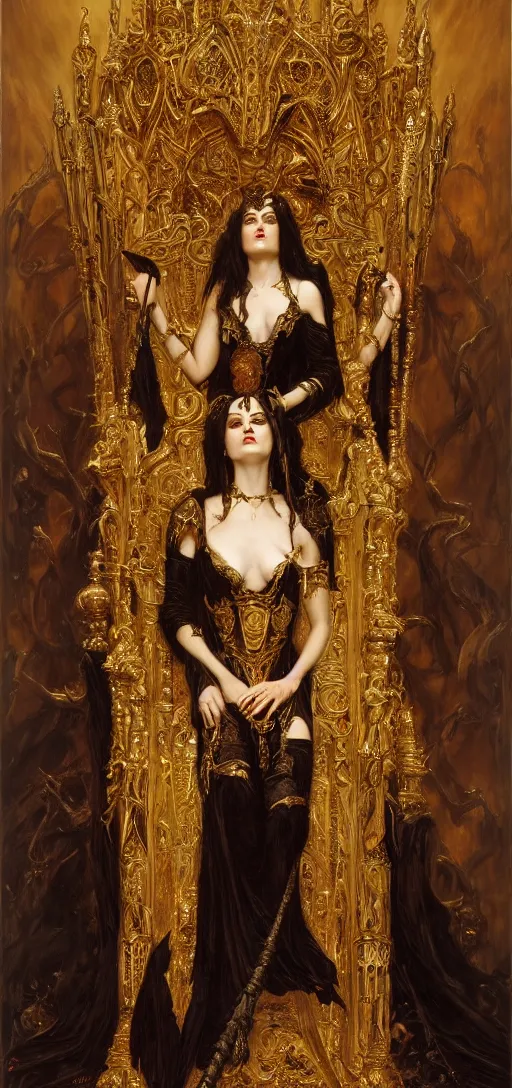 Image similar to full body portrait of beautiful vampire queen in gold gothic robe sitting on a throne of bones, elegant, highly detailed painting by gaston bussiere, craig mullins, j. c. leyendecker, 8 k, mid shot