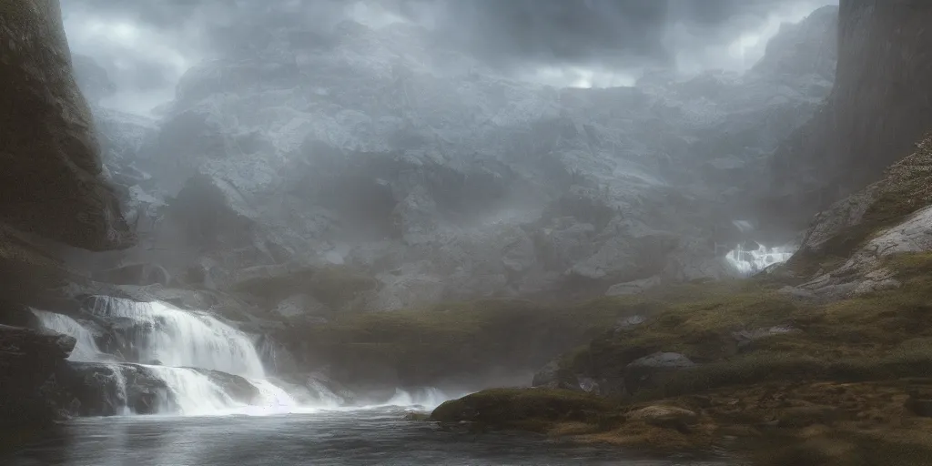Image similar to Falls of Rauros, evening, detailed matte painting, cinematic, Alan Lee, Artstation