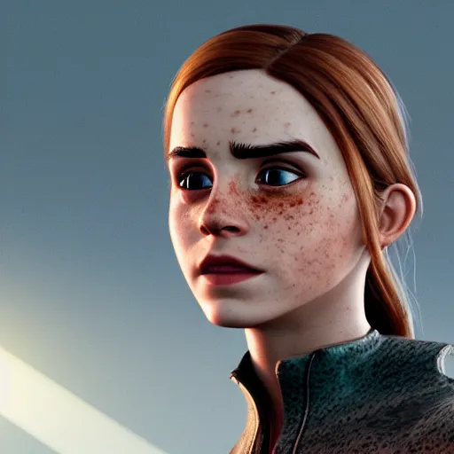 Image similar to textured film grain freckled face scatches and smudges emma watson as a pixar character cgsociety octane render unreal engine redshift render trending on artstation trending on artstation render blender behance cg superhero