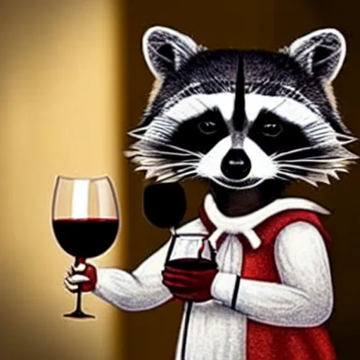 Image similar to a photograph of a racoon wearing a night gown holding a cup of wine