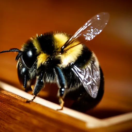 Prompt: a photo of a bumble bee in a court room surrounded by other incects awaiting a verdict, 5 0 mm lens, f 1. 4, sharp focus, ethereal, emotionally evoking, head in focus, volumetric lighting, blur dreamy outdoor,