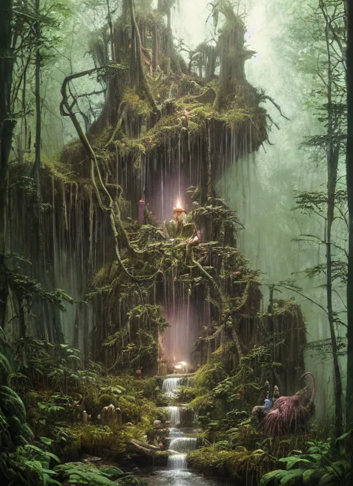 Image similar to a hyper realistic architectural witch shrine under a waterfall in the woods, gorgeous lighting, lush forest foliage, painting by chiara bautista and tom bagshaw, muca beksinski and norman rockwell and greg rutkowski weta studio, and lucasfilm