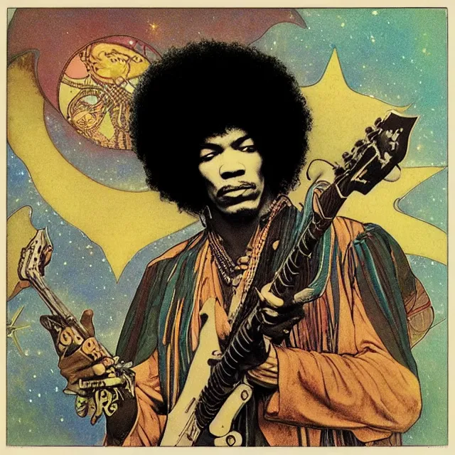 Image similar to polaroid of a vintage record cover by Franklin Booth and Edmund Dulac showing a portrait of Jimi Hendrix as a futuristic space shaman, Alphonse Mucha background, futuristic electric guitar, star map, smoke