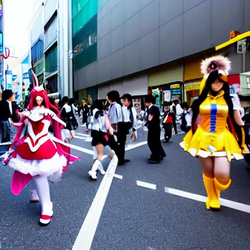 Prompt: Google map street view image of cosplay event on street in Tokyo Japan, Akihabara