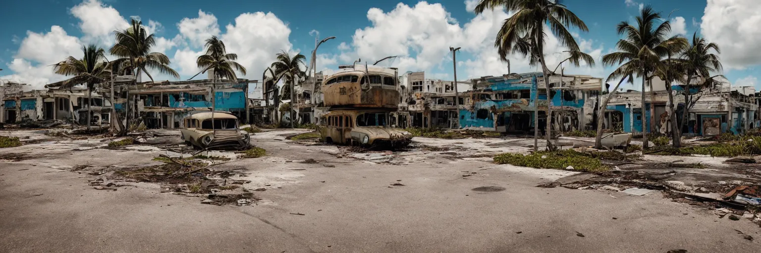 Prompt: wide angle shot of dilapidated fallout 5 miami, tropical coastal city in real life, desolate, dilapidated, empty streets, some rusted retro futuristic vintage styled parked vehicles like cars, buses, trucks, trams, sunny weather, few clouds, volumetric lighting, photorealistic, daytime, spring, sharp focus, ultra detailed