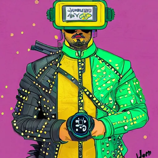 Prompt: cyperpunk samurai, wearing leather jacket covered in studs, vr goggles, subway, green and yellow palette by josan gonzales