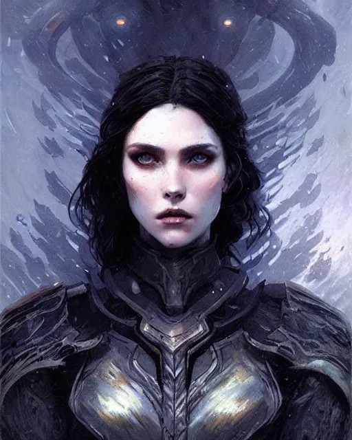 Image similar to a beautiful woman dark hair in an armor with dark eyes, elegant, dark blue, ethereal horror fantasy art by greg rutkowski and magali villeneuve and claude monet