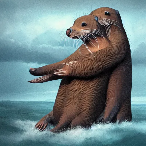 Prompt: illustration hyper detailed otters holding hands in a huge storm cinematic trending on artstation masterpiece