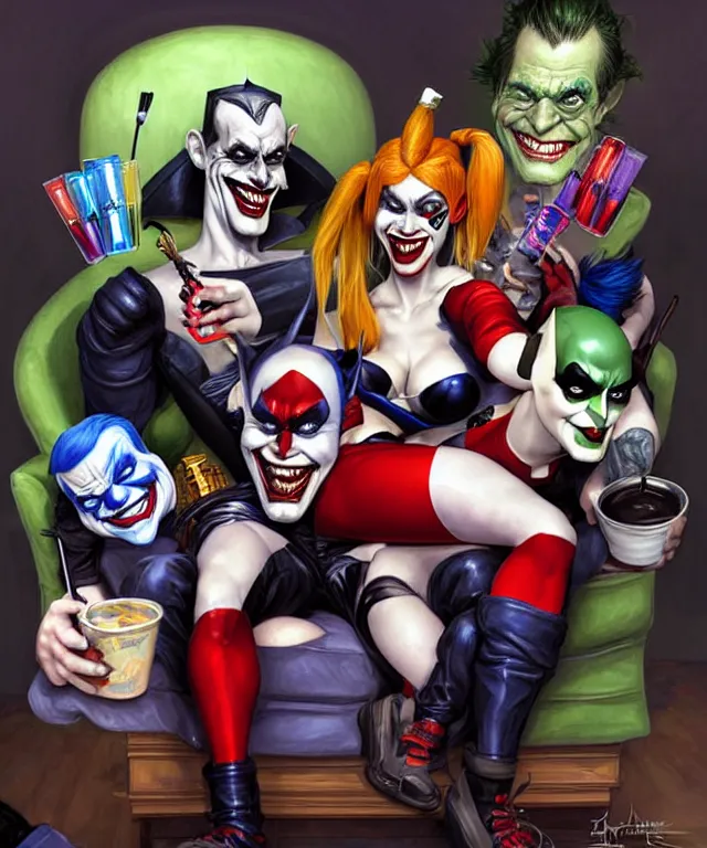 Prompt: Caricatures of Harley Quinn, Heath Ledgers Joker and Batman, playing video games on a couch together, Harley Quinn is winning, mum brings in milk and cookies. fun, funny, highly detailed, digital painting, artstation, concept art, smooth, sharp focus, illustration, art by artgerm and greg rutkowski and alphonse mucha