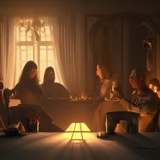 Image similar to Séance but everybody is a ghost, elegant, Hyper-realistic, 4K, Unreal Engine, Highly Detailed, HD, Dramatic Lighting by Brom, golden hour, trending on Artstation