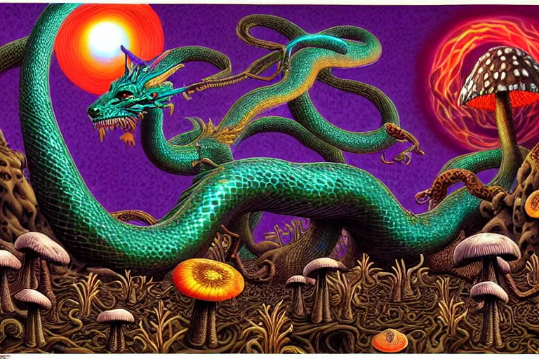 Image similar to a detailed digital art painting of a cyberpunk magick oni dragon with occult futuristic effigy of a beautiful field of mushrooms that is a adorable leopard atomic latent snakes in between ferret biomorphic molecular hallucinations in the style of escher, alex grey, stephen gammell inspired by realism, symbolism, magical realism and dark fantasy, crisp,