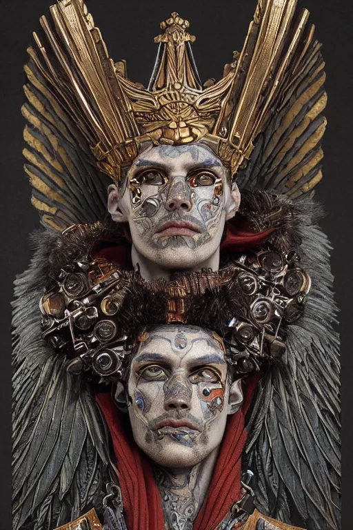 Prompt: a dramatic full-color art nouveau and ironpunk styled bust portrait of a godlike and stoic alien king, with strong judging eyes, extremely detailed, art nouveau cybenetic engraved armor and intricately detailed angel-winged crown of cosmic power, perfectly symmetrical facial structure and framework, handsome yet brutal alien facial features of ancient swarth, by simon bisley, michael kaluta and travis charest, dark sci-fantasy, deeply ornate complexity, male face and bust, human anatomy mixed with cosmic alien and cyborg characteristics, sci-fi character concept, photorealism, art nouveau framing, stunning lighting, hyperrealism, 8k