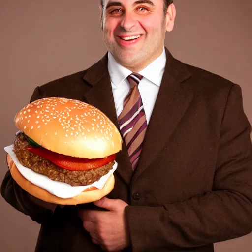 Prompt: clean - shaven smiling white chubby italian american man in his 4 0 s wearing a brown long overcoat and necktie holding a giant burger, 2 0 0 0 avertising promo shot, studio lighting