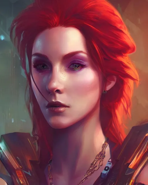 Prompt: a stunning portrait of triss merigold as a cyberpunk princess, digital art by ross tran and angel ganev, highly detailed, trending on artstationhq