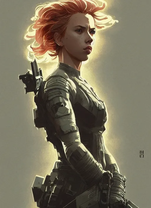 Image similar to scarlett johansson wearing metal gear armor art by Hokusai by greg rutkowski by wlop high detail comic sharp vector lineart dramtic lighting artstation by trevor henderson cinematic dramatic