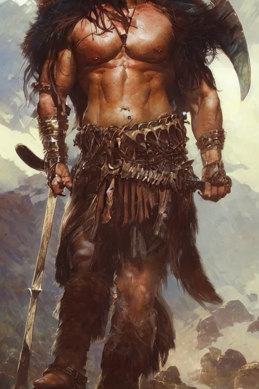 Prompt: Conan the Barbarian portrait by Stanley Artgerm Lau, greg rutkowski, thomas kindkade, alphonse mucha, loish, norman Rockwell