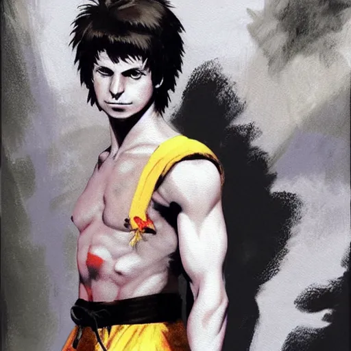 Image similar to michael cera as ken masters from street fighter, painting by frank frazetta, 4 k, ultra realistic, highly detailed,