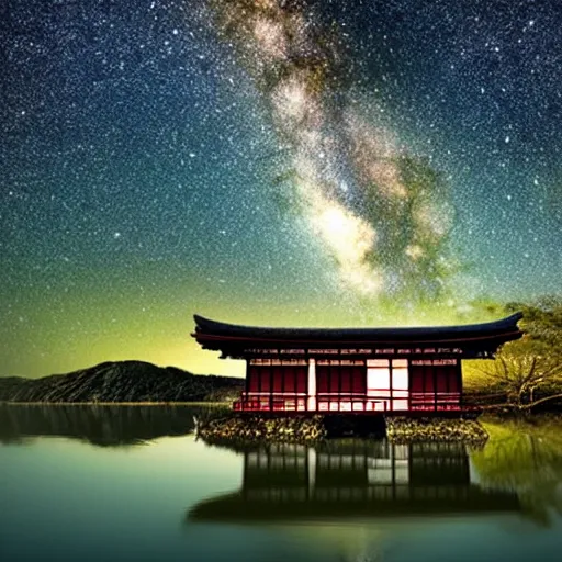 Image similar to A traditional japanese building underneath the milkyway at night both relfecting inside a lake