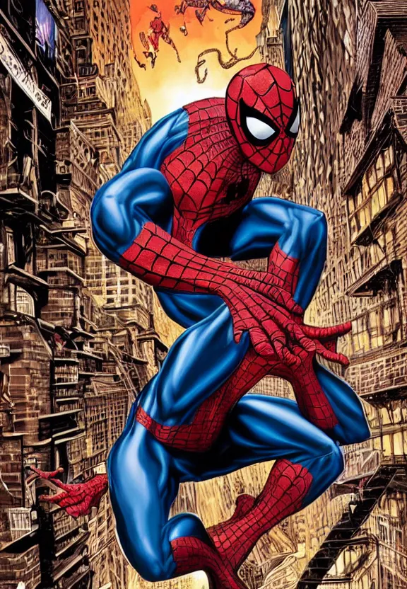 Image similar to spiderman fighting venom in a new york alley, comic book cover by lee bermejo and alex ross