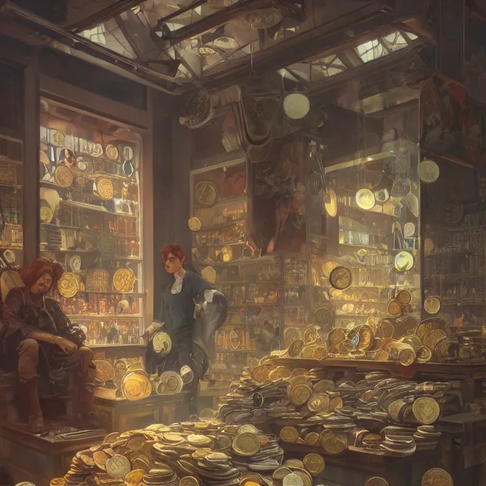 Image similar to modern coin shop with a lot of coins, 4 k, octane, digital painting, artstation, concept art, sharp focus, illustration, art by artgerm and greg rutkowski and alphonse mucha