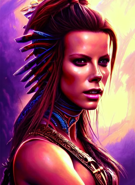 Prompt: hyper detailed ultra sharp aztec underworld warrior trance girl, beautiful face, kate beckinsale. trending on artstation, warpaint aesthetic, earthwave, colorful, neon, ornate, intricate, digital painting, concept art, smooth, sharp focus, illustration, art by artgerm and greg rutkowski and h. r. giger, 8 k