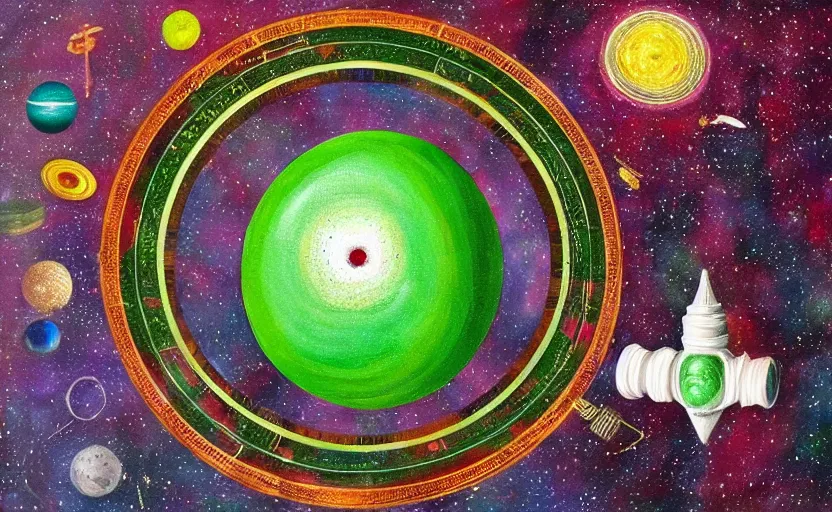 Image similar to a green egg orbiting in space above earth with concentric rings of symbols, syringes, acupuncture needles, eyedroppers, and christian crosses in a round path, painting