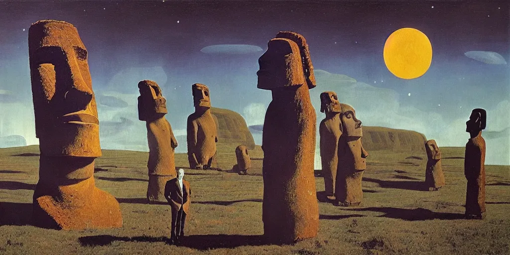 Prompt: astronaut with easter island statue in taiga landscape by Max Ernst and René Magritte and Yves Tanguy, surrealism, german romanticism style, oil on canvas, cinematic lighting, vibrant, concept art, gothic, contrasting, nightscape