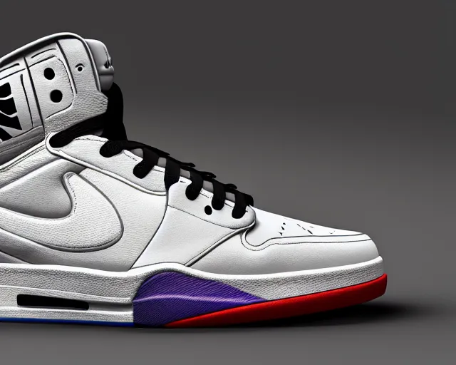 Prompt: 3D render of mid height air jordan sneakers with the joker design, cinematic, studio lighting, award winning, highly detailed, 4k, hd, sharp