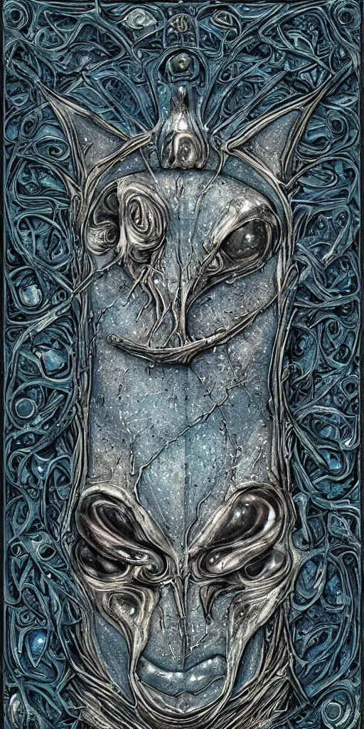 Image similar to a tarot card of an alien face made of water texture, incredible highly detailed digital paiting, epic lighting, highly detailed symbols as frames of the card