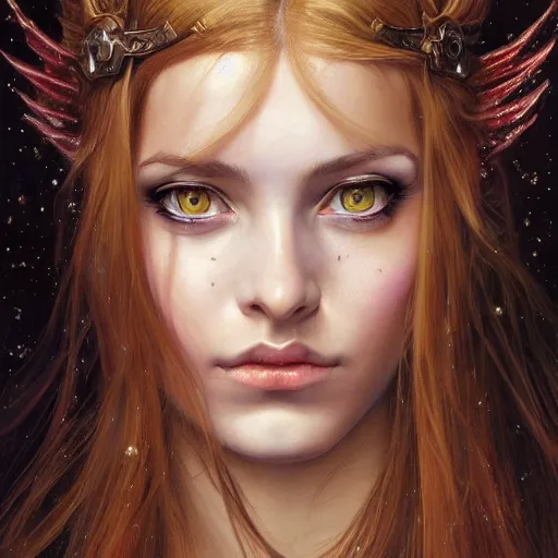 Image similar to high quality extremely detailed portrait of a young gorgeous female warlock looking away from the camera, detailed eyes, sparkle in eyes, no hands visible, fantasy, d & d, painting by lucian freud and mark brooks, hd