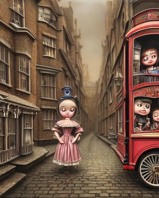 Image similar to highly detailed closeup, portrait of a tin toy victorian london streets, hyper realistic, artstation, illustration, nicoletta ceccoli, mark ryden, lostfish, dan decarlo, bob clampett, max fleischer, digital paint, matte paint, vivid colors, detailed and intricate environment