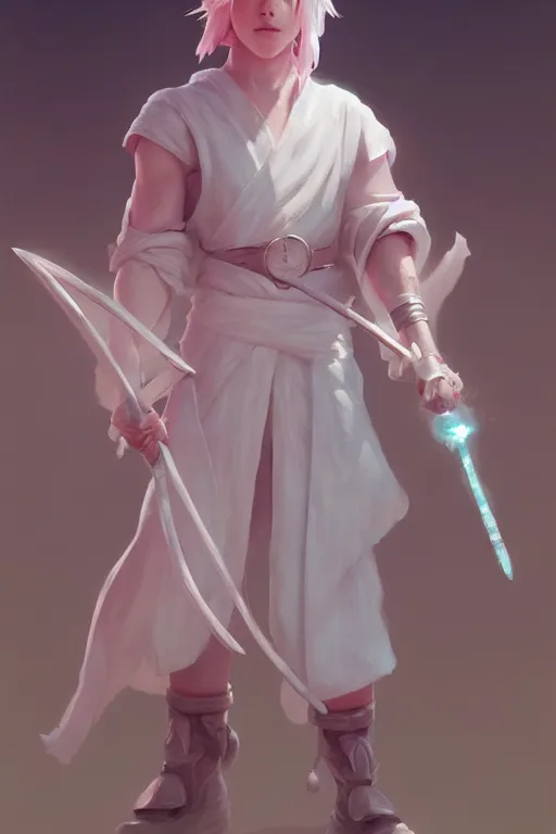 Image similar to portrait of a cute white mage boy with a staff in mage armor, soft, pink and blue, by tom bagshaw and atey ghailan and artgerm and and greg rutkowski, hyper realistic, octane render, trending on artstation