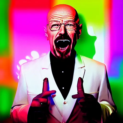 Image similar to walter white in a white tuxedo, laughing in a night club, neon lights and laser show