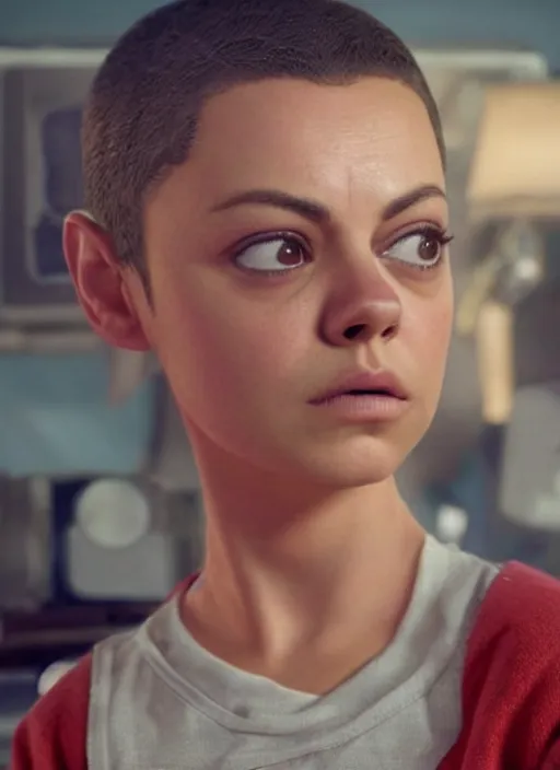 Image similar to Mila Kunis with a buzzcut cast as Eleven, still from Stranger Things, She uses the force with her palm extended outwards, hyperrealistic, 8k, Octane Render,