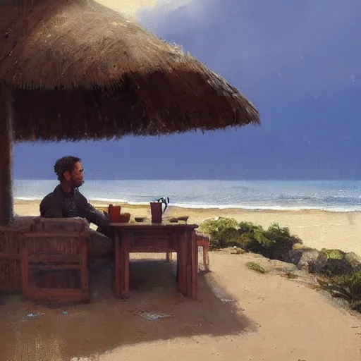 Image similar to a painting of a man sitting down and having a cup of tea in his house by the beach, by greg rutkowski, b - - width 7 6 8