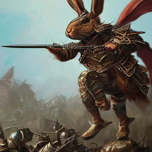 Image similar to Armored Rabbit Horde carrying swords gathering on a beautiful plain, insanely detailed and intricate, hypermaximalist, elegant, ornate, hyper realistic, super detailed, Art Deco, cinematic, trending on artstation, magic the gathering artwork