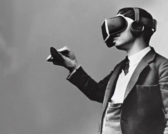 Prompt: 1 9 2 0 s photo of a person wearing a vr virtual reality headset