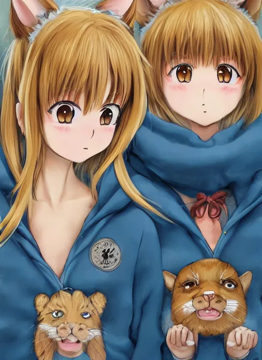 Prompt: highly detailed portrait of one blonde and one brown haired anime girl in animal themed onesies pressed against each other looking at us, detailed eyes, happy, excited, digital art, cute, anime, detailed faces, well drawn faces, cute faces, hand drawn, 8 k, trending on artstation, detailed eyes, official media, by hayao miyazaki