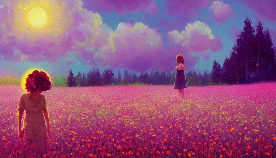 Image similar to girl with a flower face, surreal photography, dream, standing in flower field, hills, big trees, sunrise dramatic light, impressionist painting, colorful clouds, digital painting, pointillism, artstation, simon stalenhag, flower face