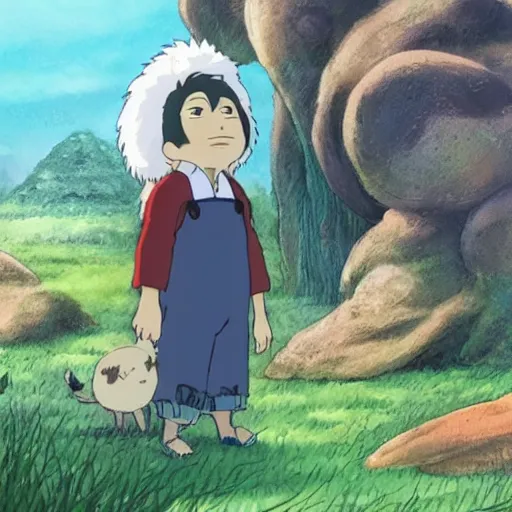 Image similar to Guy with slight smile and small friendly creature, made by Studio Ghibli detailed art, beautiful scene, , sharp focus, smooth,