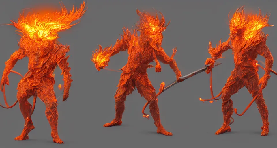 Image similar to fire wielding elemental being, character concept, hyper detailed, fractal, ray tracing, 4 k