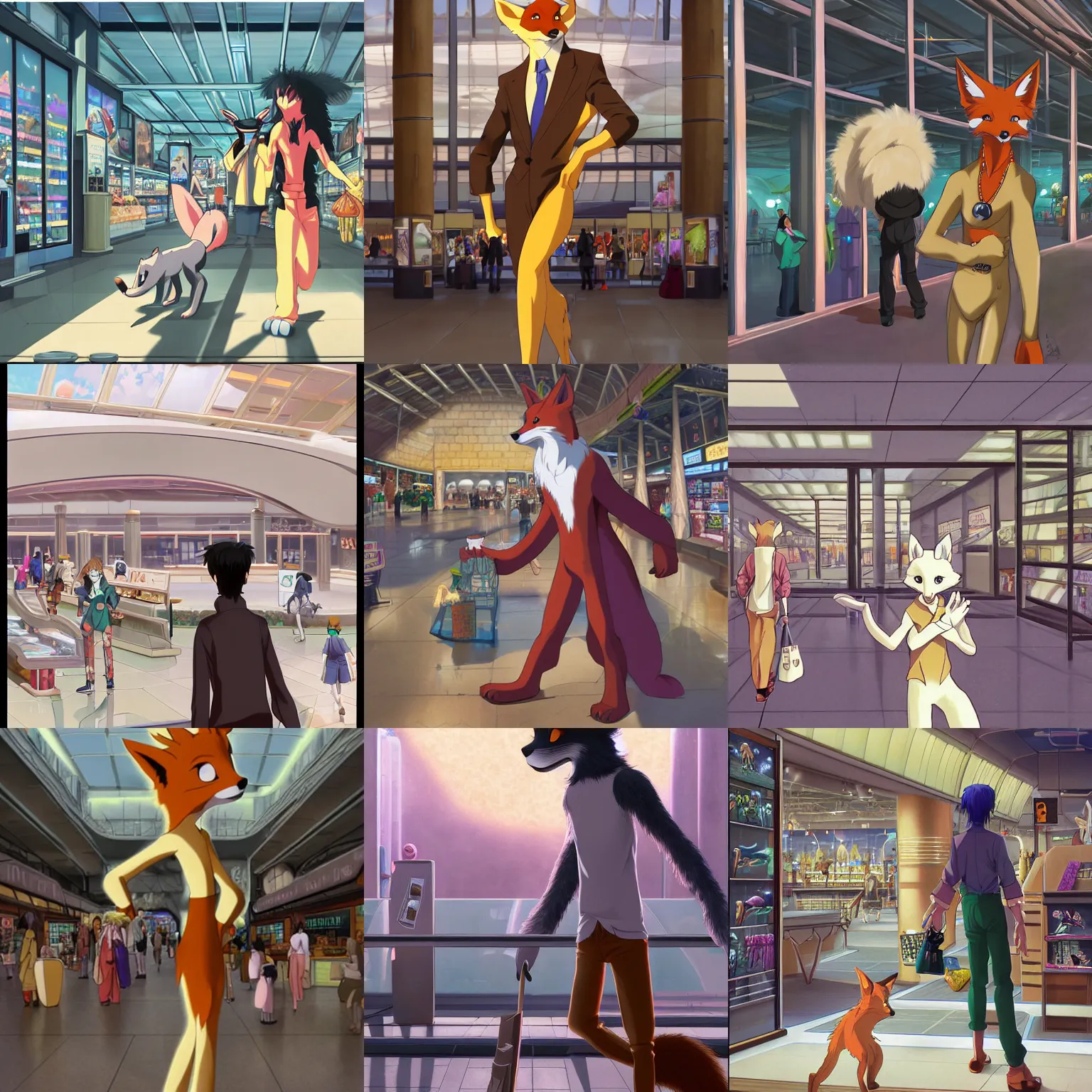 Prompt: anthro art commission of an anthropomorphic natural furry ( ( fox ) ) person shopping at a futuristic mall, photorealistic, key anime art, makoto shinkai, james gurney, don bluth, disney!!!!, hibbary, dark natasha, goldenwolf, furaffinity, fursona, greg rutkowski