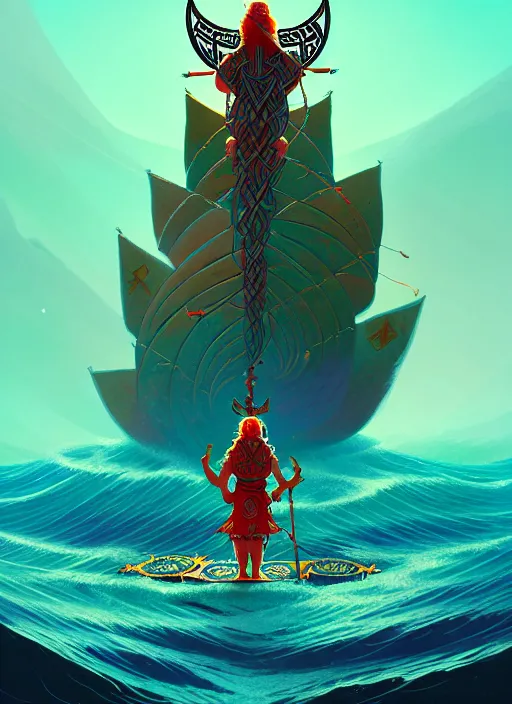 Image similar to fractal tarot card of a viking naturepunk master of oceans and wind water and boats, beautiful detailed realistic cinematic character concept fashion portrait, hi - fructose art magazine, by anton fadeev and paul lehr and david heskin and josan gonzalez, 8 k