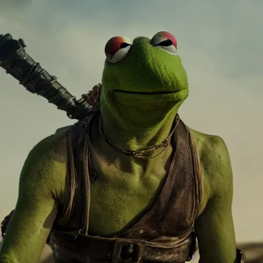 Prompt: kermit as a warlord in madmax fury road, 4 k, high detail, high - resolution photograph, professional photography, ultra - detail