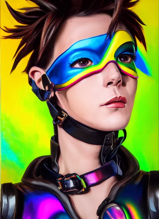 Prompt: realistic oil painting portrait of tracer overwatch, confident pose, wearing black iridescent rainbow latex, rainbow, neon, 4 k, expressive surprised expression, makeup, wearing detailed black leather collar, wearing sleek armor, studio lighting, black leather harness, expressive detailed face and eyes,